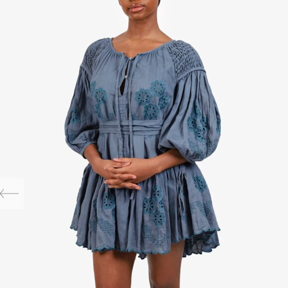 Innika Choo Meg Nettick Embroidered Linen Mini Dress In Dark Blue - Picture 2 of 3